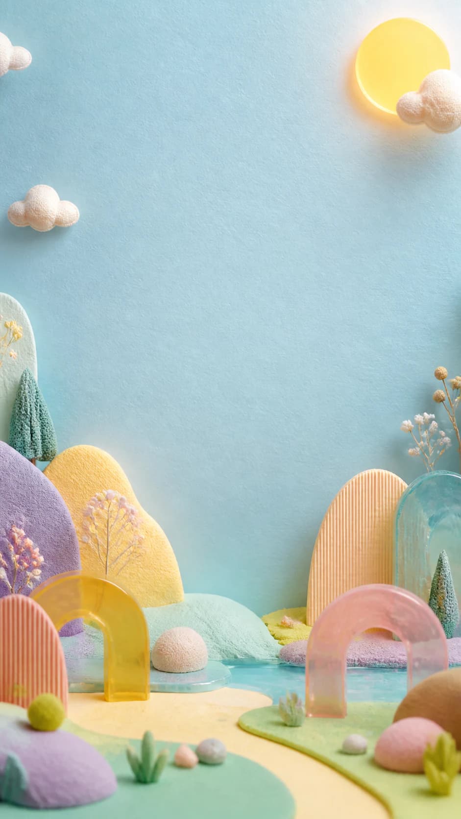 Pastel kağız təpələr, şəffaf tağlar və parça buludlardan nağıl dünyası