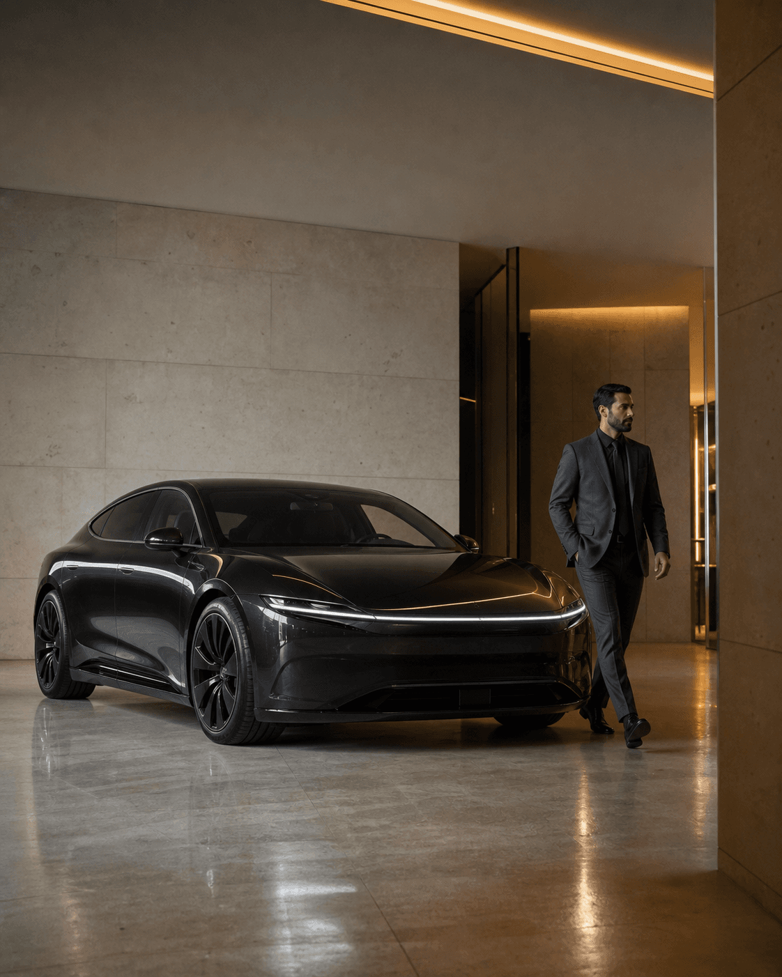 Premium avtomobil salonunda qara elektrik avtomobili və satış məsləhətçisi