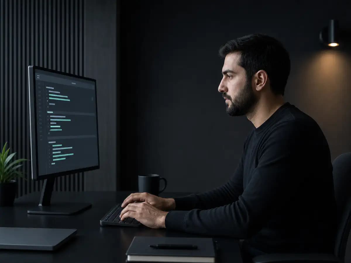 Tünd iş masasında rəqəmsal məhsul hazırlayan developer