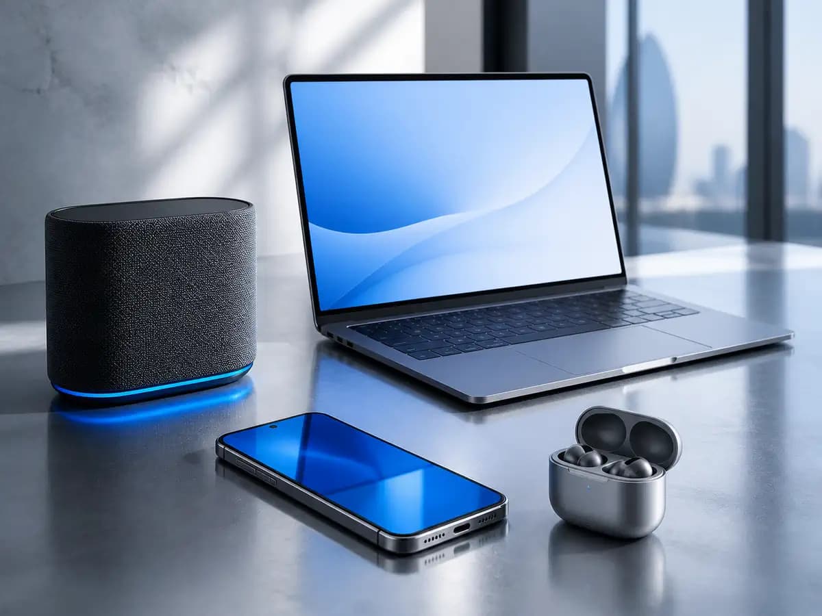 Mavi-boz studiyada loqosuz smartfon, noutbuk və audio cihazları