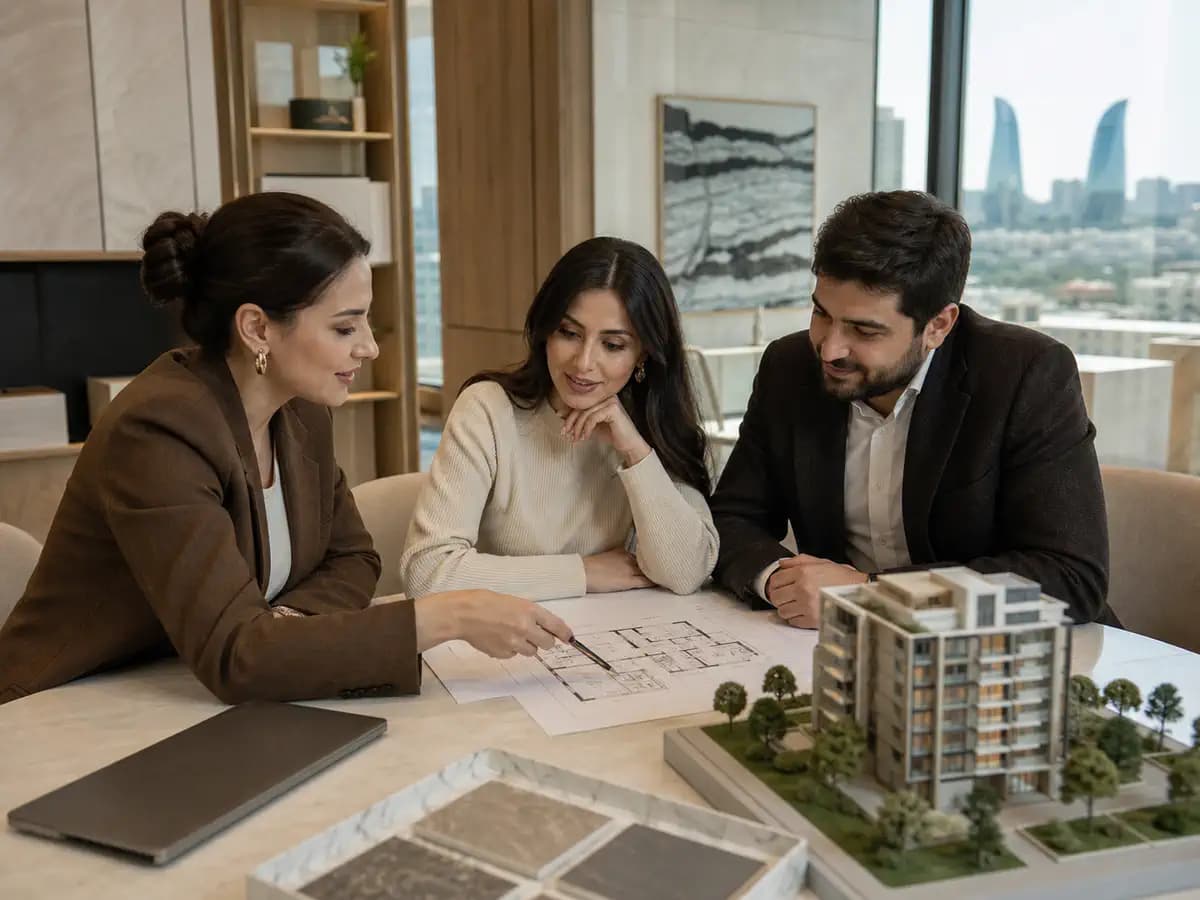 Müştərilərlə mənzil planını nəzərdən keçirən əmlak məsləhətçisi