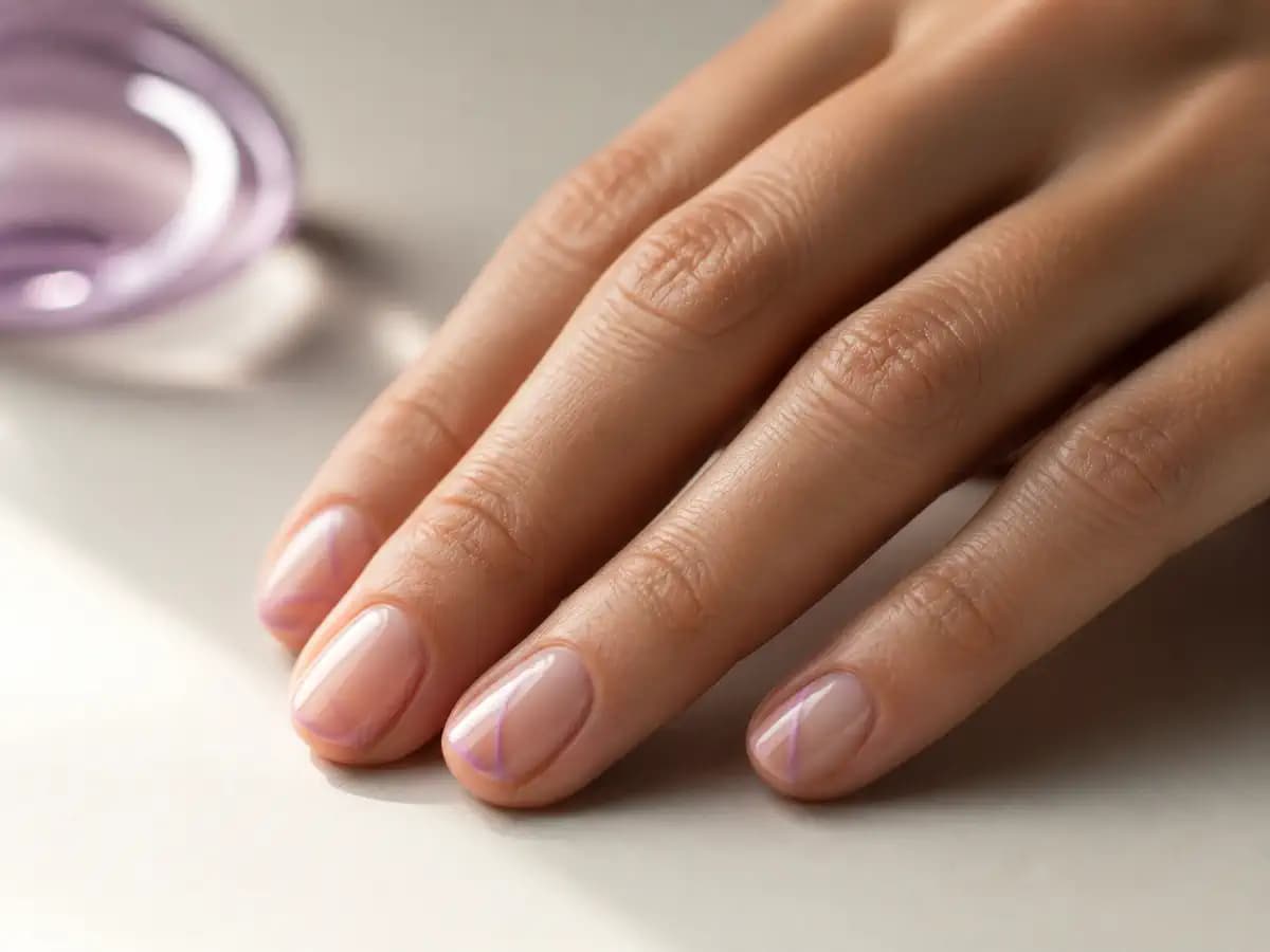 Nude dırnaqlarda incə lavanda nail art detalları