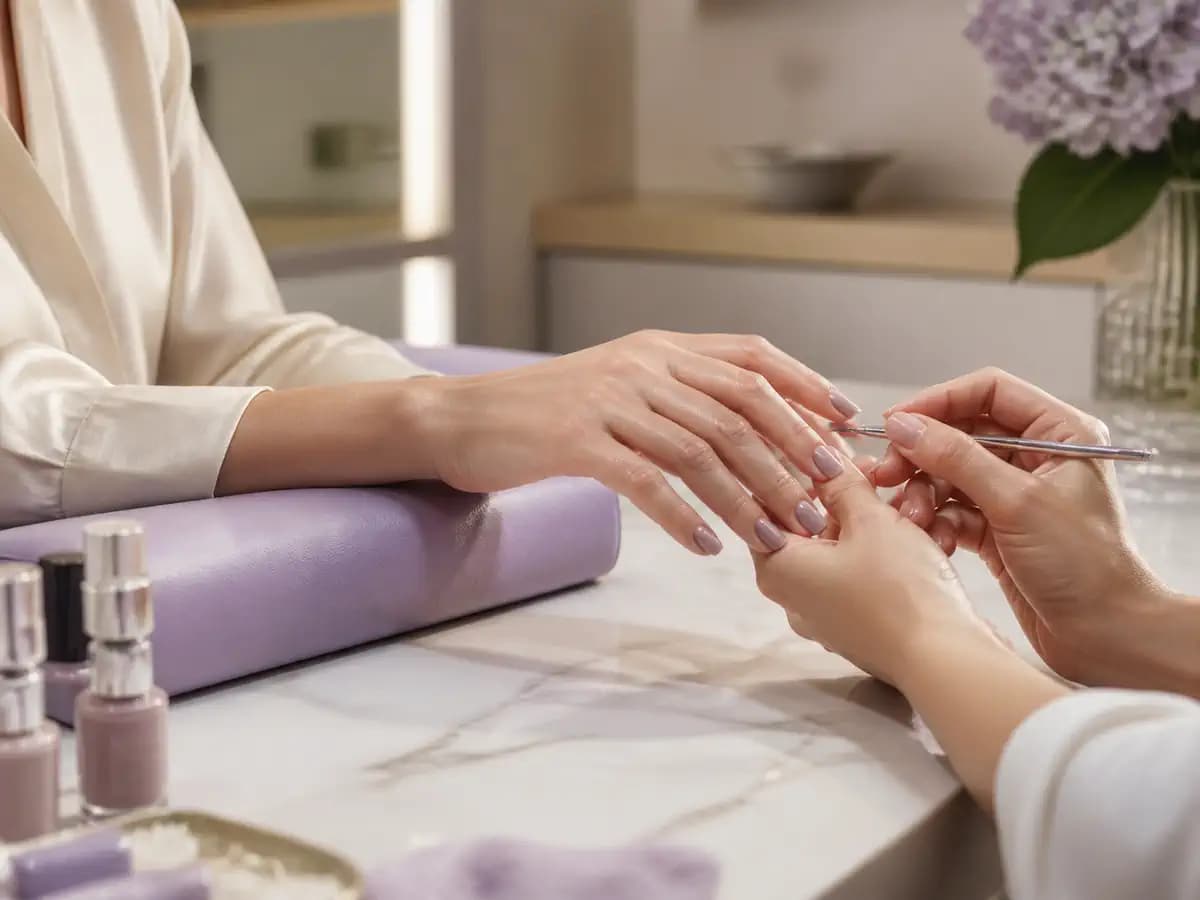 Lavanda tonlu studiyada peşəkar gel manikür