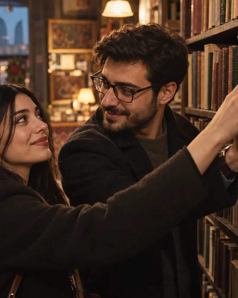 Köhnə kitab mağazasında eyni kitaba əl uzadan və bir-birinə baxan cütlük