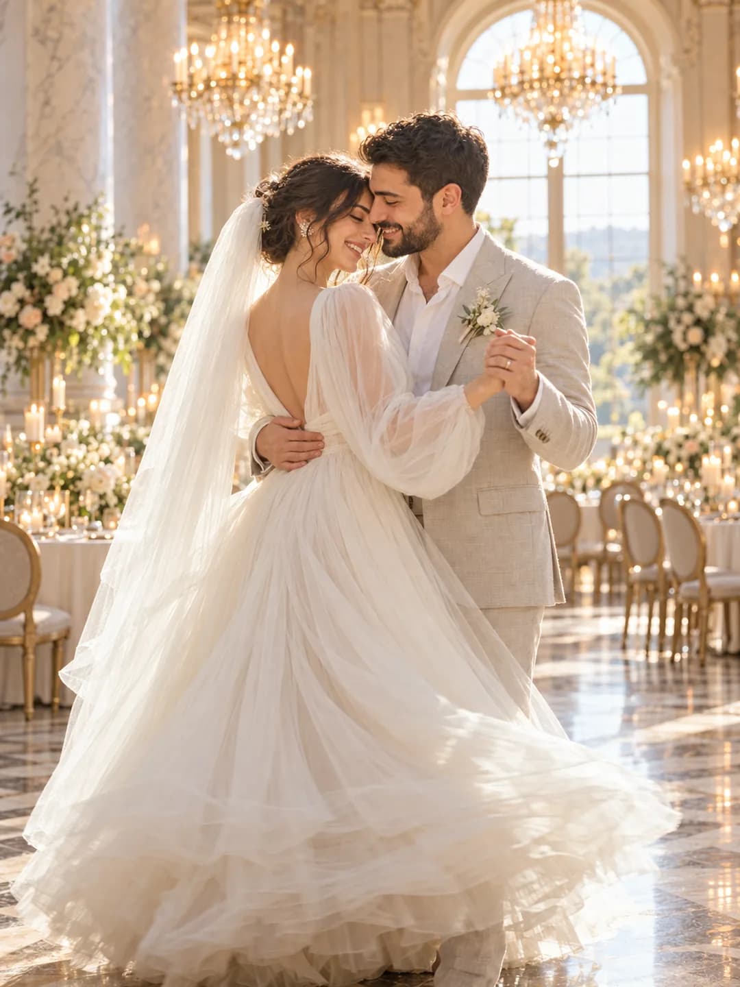 Nigar və Ramin işıqlı salonda rəqs edir