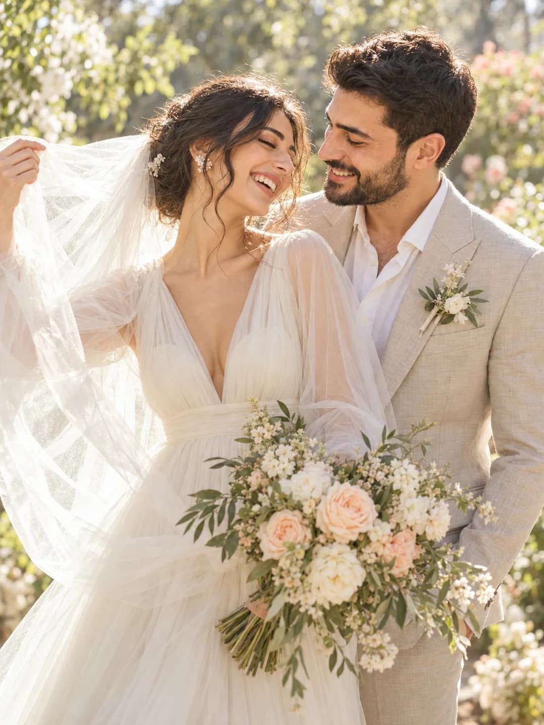 Nigar və Ramin bağda birlikdə gülür
