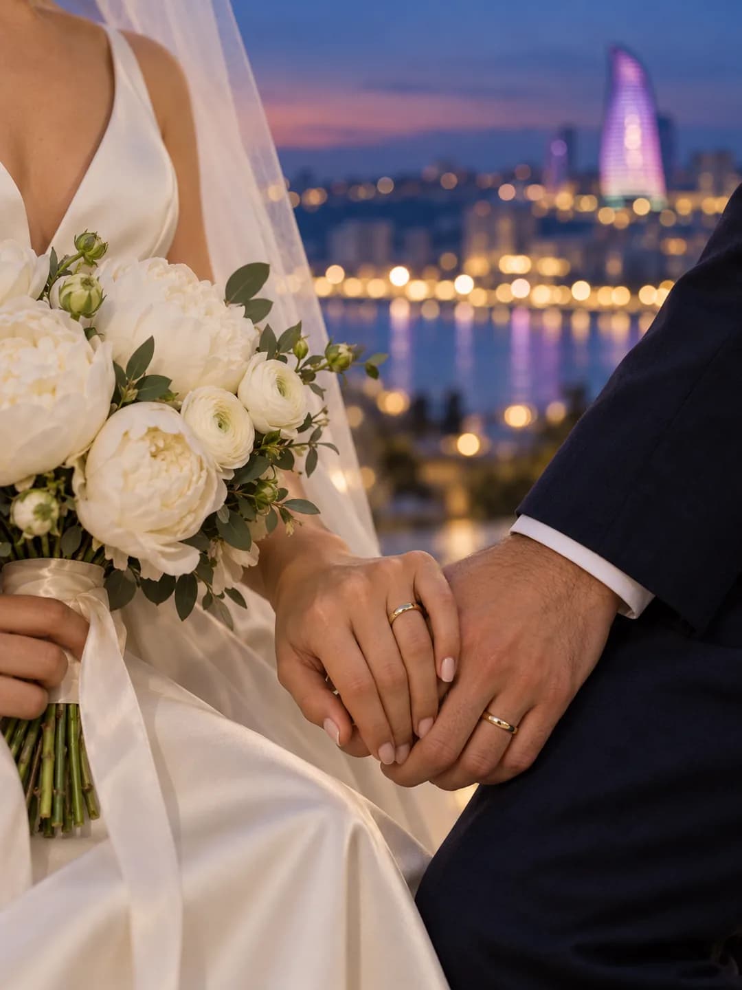 Elnarə və Talehin üzük taxılmış əlləri və ağ pion buketi