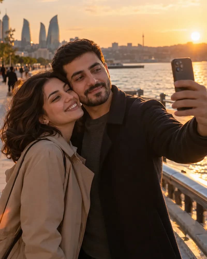 Gün batanda dənizkənarı bulvarda birlikdə selfi çəkən, gülən cütlük